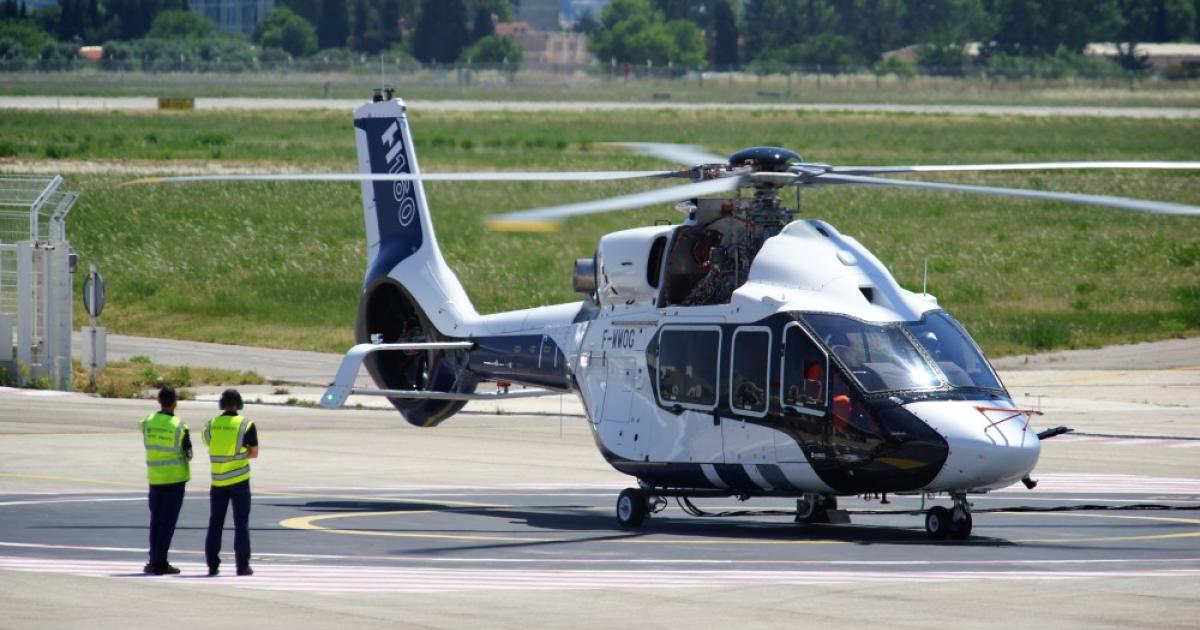 The H160's first ground test took place on May 28 in Marignane, France. Airbus' new helicopter will be recognizable thanks to its Blue Edge blades for quieter operations, canted tiltrotor and biplane stabilizer. (Photo: Airbus Helicopters)