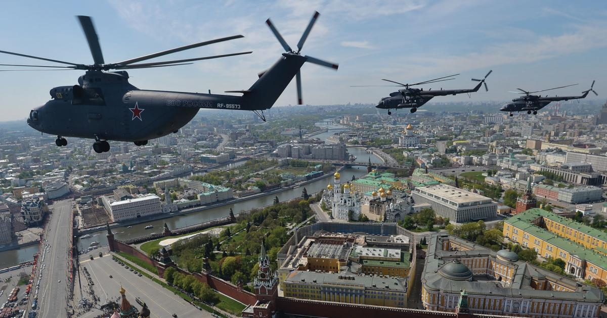 Russian Helicopters Mi-26s perform a ceremonial fly-over at this 2015 Moscow parade. The aircraft is manufactured by the group’s Rostvertol subsidiary, which is marking its 75th anniversary.