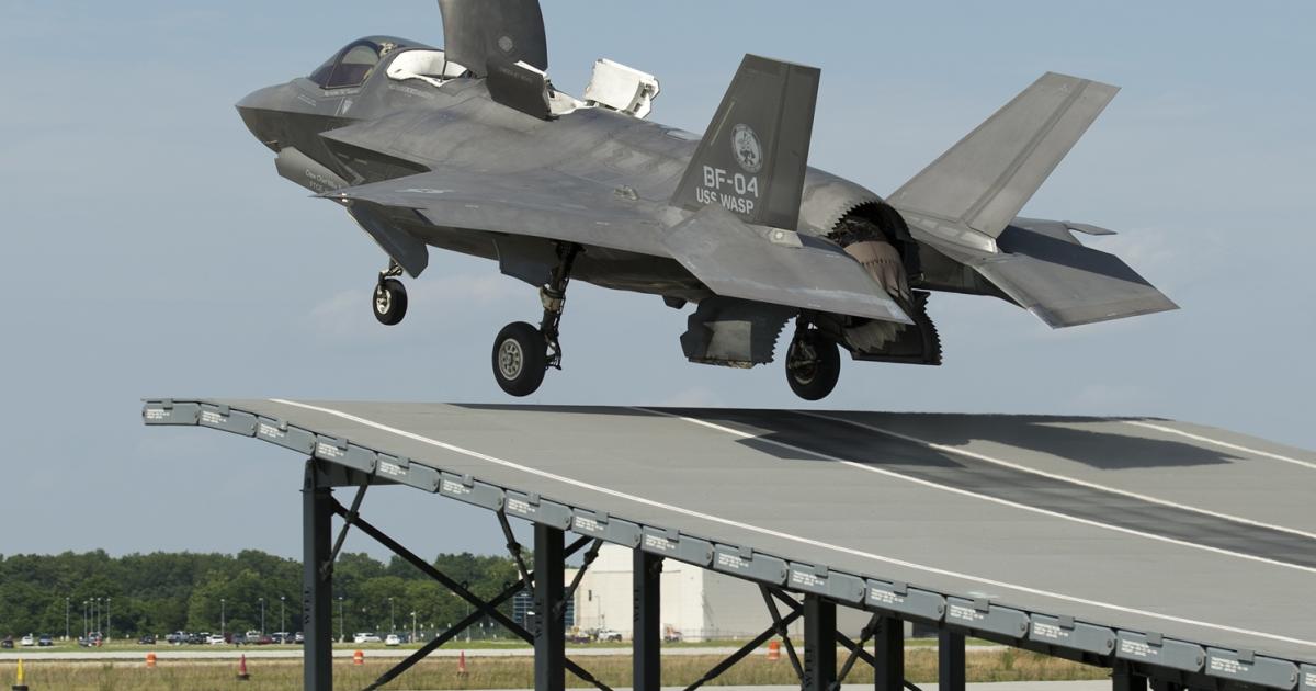 F-35B development aircraft BF-04 gets airborne from the ski-jump ramp at NAS Patuxent River, Md., for the first time. (Photo: Andy Wolfe, F-35 JPO)