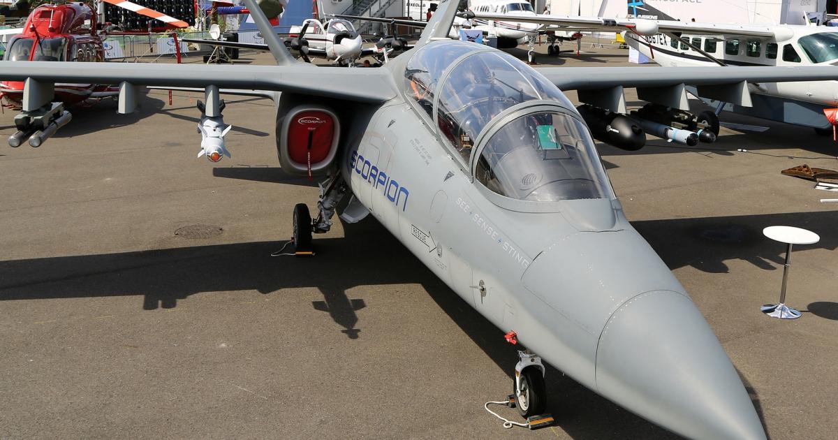 The clean-sheet Scorpion is here at Paris, and Textron is “seeing interest” in the low-cost attack jet. The conforming prototype will have trailing-link landing gear and trimmable tail. 