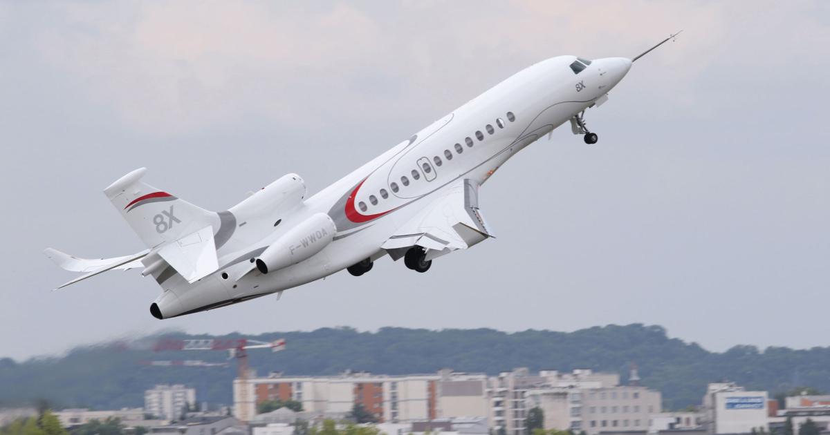 The high-performance hometown hero, Dassault’s Falcon 8X business jet, is making its debut in the aerial displays here at the Paris Air Show. (Photo: David McIntosh)