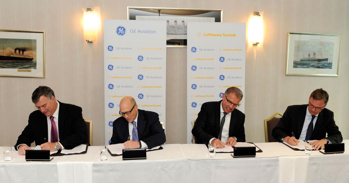 Pictured signing a memorandum of understanding here in Paris are (left to right): GE Aviation Services president and CEO Kevin McAllister, GE Aviation president and CEO David Joyce, Lufthansa CEO Carsten Spohra and Lufthansa Technik chairman of the executive board Johannes Bussmann.