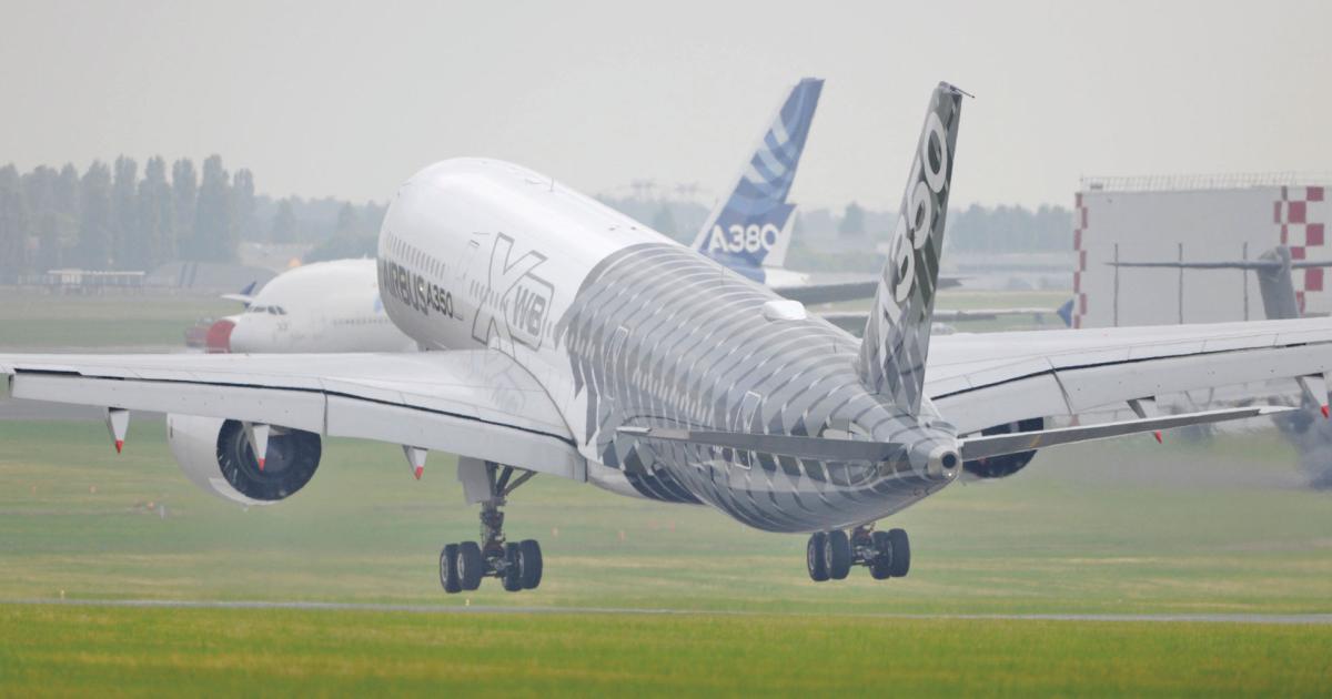Airbus’s market survey calls for a trend toward high-capacity aircraft, such as this A350 and A380 tag team, for long-haul operations. Over the next 20 years, the airframer sees a need for some 9,600 passenger and freighter versions of this class.