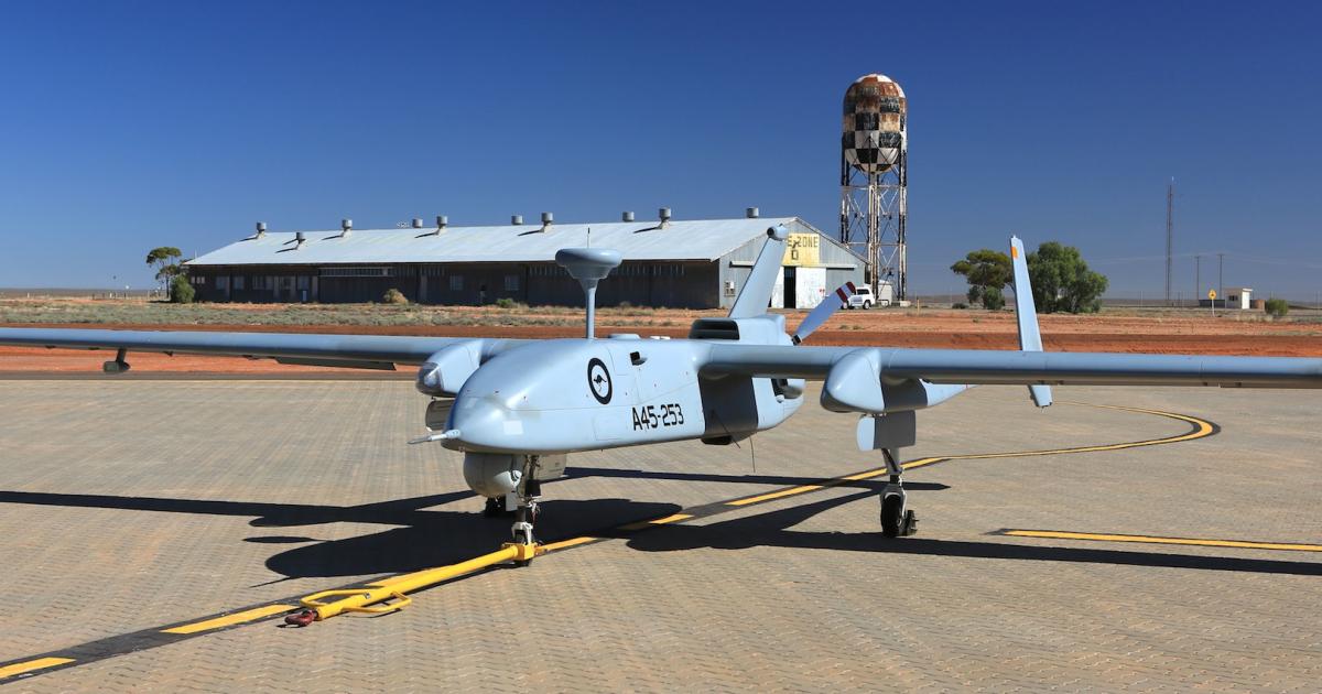 A Royal Australian Air Force Heron unmanned aircraft parked at Woomera Range Complex. (Photo: Australia Department of Defence)