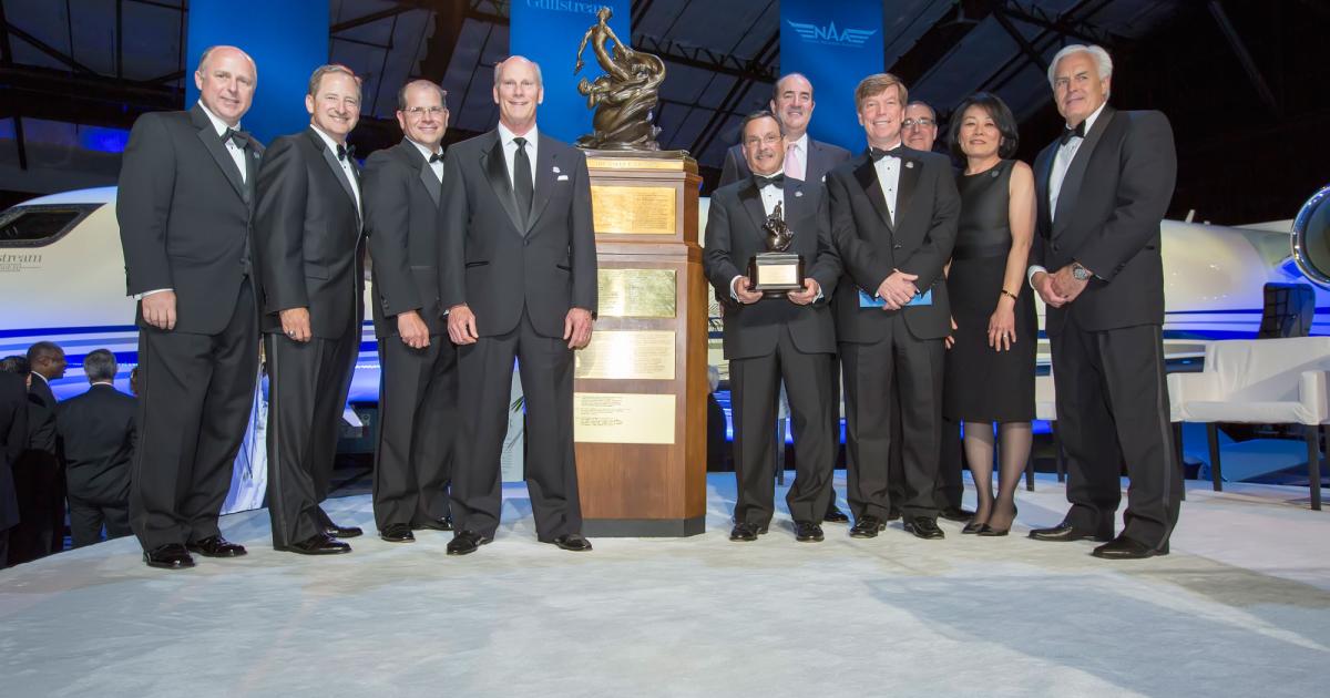 Gulfstream Aerospace executives accept the National Aeronautic Association's prestigious Robert J. Collier Trophy award on June 3 for the development of the ultra-long-range G650. (Photo: Gulfstream Aerospace)