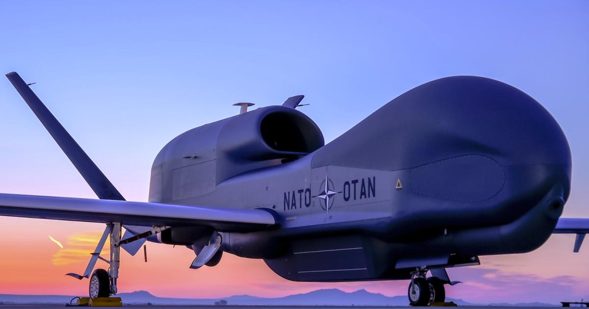 Northrop Grumman rolled out NATO-1, the first of five Global Hawks it will deliver, from its Palmdale facility. (Photo: Northrop Grumman)