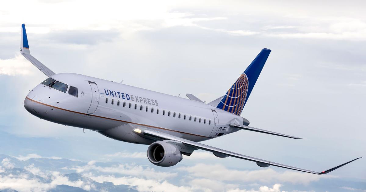 Embraer E175s fly in the colors of all three U.S. legacy carriers, including United Airlines. (Photo credit: Embraer)