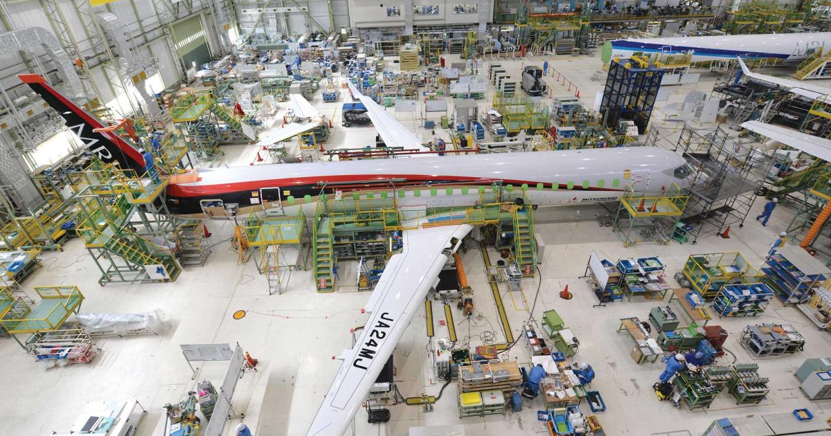 The fourth MRJ flight-test airplane undergoes wing mating inside MHI's Komaki South Plant in Aichi Prefecture.