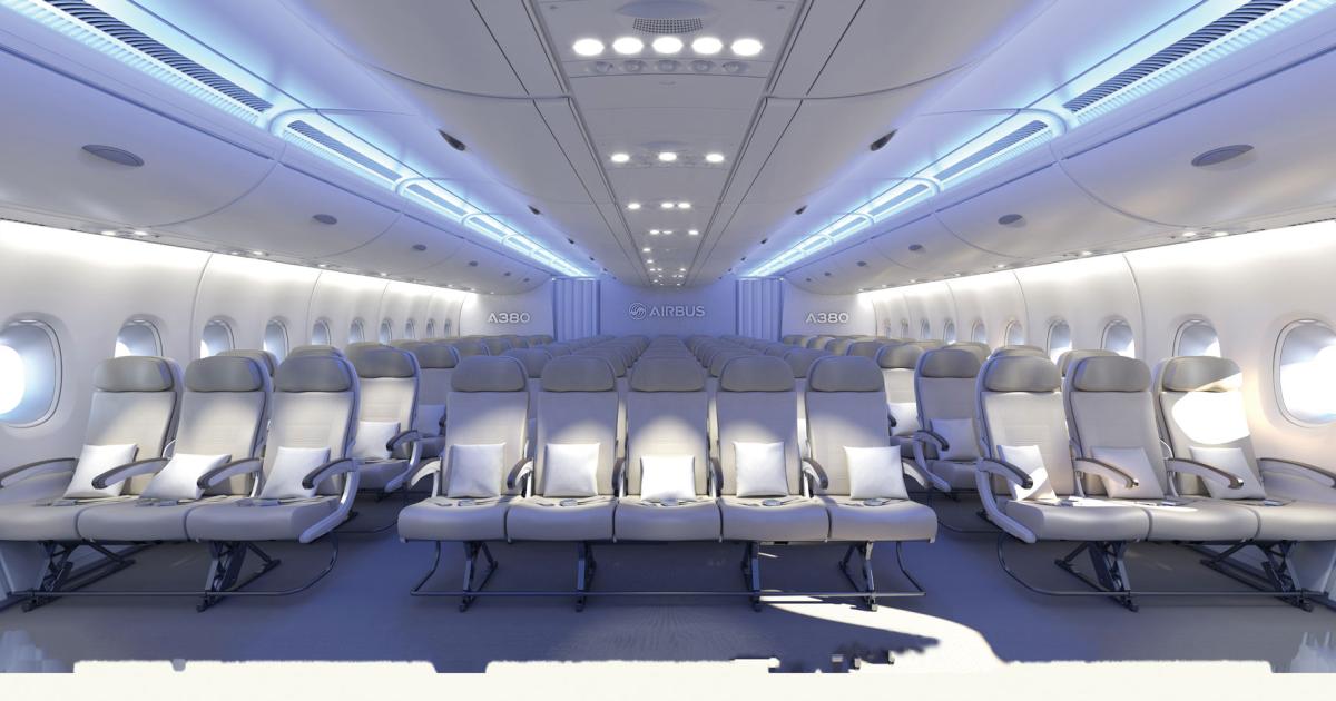 An 11-abreast main economy seating configuration recently revealed by Airbus is designed to add revenue in A380 operations. The shallow arc of the mammoth fuselage enables placing window seats as close as a half inch from the side walls.
