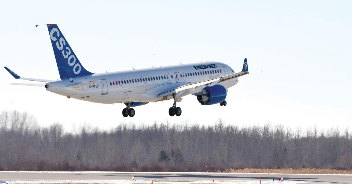 The Bombardier CS300 takes off from Mirabel, Canada, on its February 27 first flight. (Photo: Bombardier)