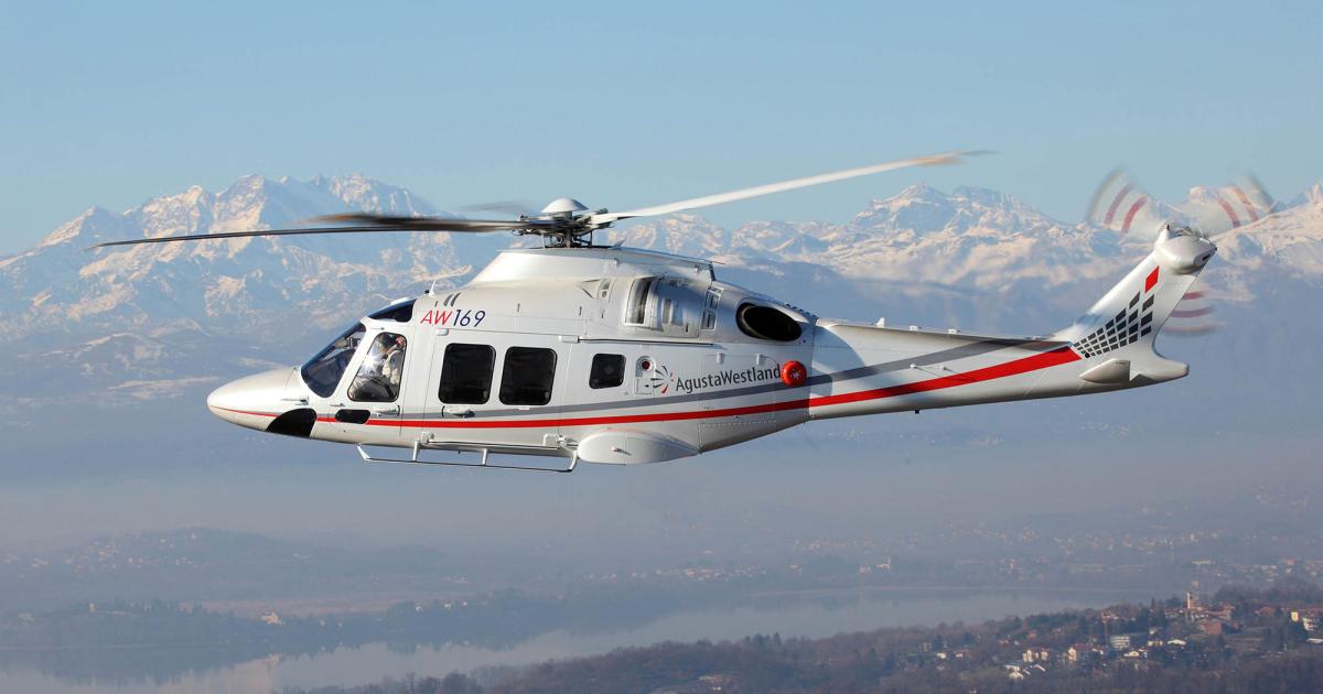 AgustaWestland received EASA certification for its new AW169 medium twin-engine helicopter on July 15. The 10,140-pound/4.6-metric ton AW169 features a pair of Pratt & Whitney Canada PW210A Fadec-controlled engines and Rockwell Collins glass panel touchscreen avionics. (Photo: AgustaWestland)