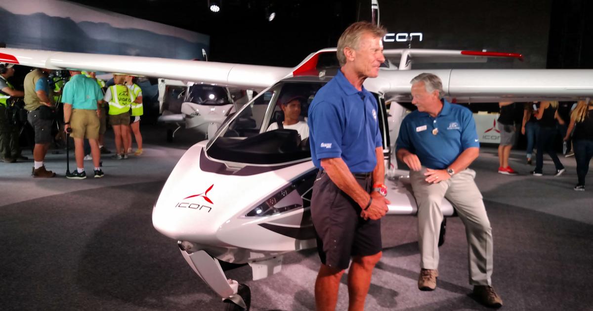 EAA chairman Jack Pelton and EAA Young Eagles chairman and aerobatic pilot Sean Tucker took delivery of the first ICON A5 light-sport aircraft for use in the Young Eagles program. 