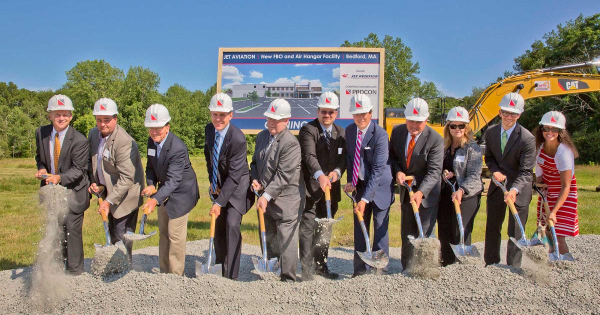 Jet Aviation officials broke ground for a major renovation of its FBO at Hanscom Field in Bedford, Mass., on July 16. The improvements will “increase hangar and ramp capacity, add operational safety and efficiency and achieve LEED Silver [green building] certification.” (Photo: Jet Aviation)