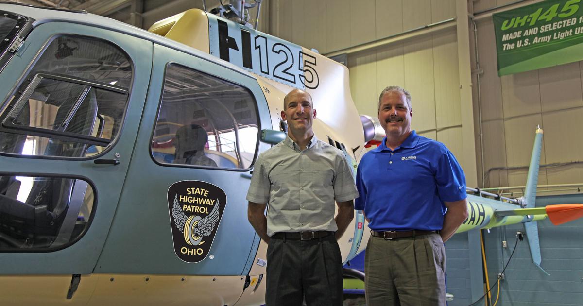 The Ohio State Highway Patrol (OSHP) will take delivery of the first entirely U.S.-produced Airbus Helicopters H125. Celebrating the deal is OSHP Capt. Randy Boggs and Airbus Helicopters law enforcement sales manager Ed Van Winkle. (Photo: Airbus Helicopters)