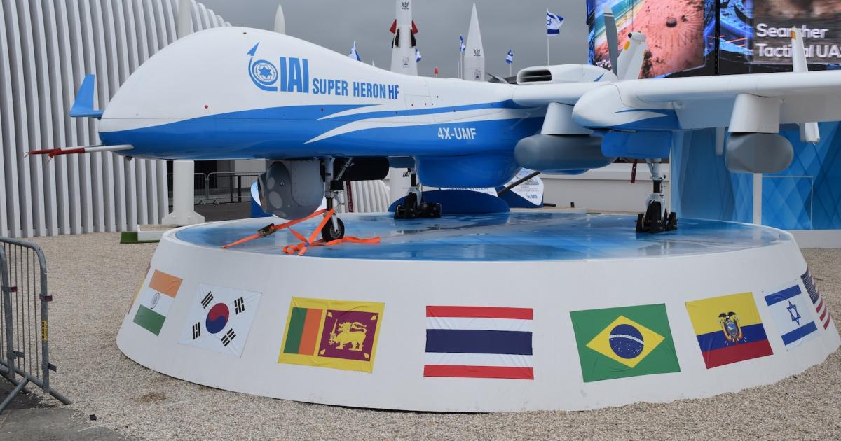 Israel Aerospace Industries featured its latest Super Heron variant in front of its chalet at the Paris Air Show in June. (Photo: Bill Carey)