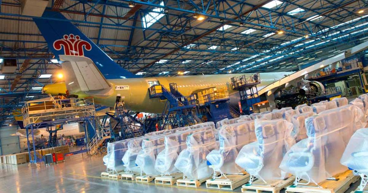 A China Southern A330 stands ready for seat installation at Airbus's completion center in Toulouse, France. (Photo: Airbus)