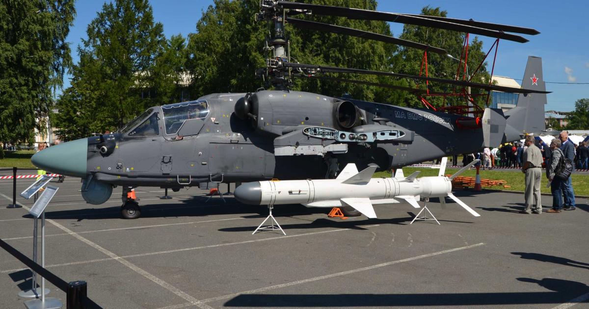 The Ka-52K prototype has been shown in public for the first time. The new Kh-35V version of the anti-ship missile was shown alongside. (Photo: Vladimir Karnozov