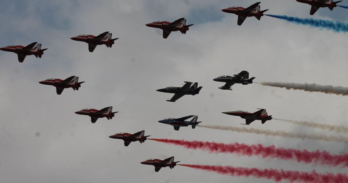 Unusual flypasts have become a feature of the RIAT show. Last year, the Hawks of the Royal Air Force Red Arrows appeared together with the leaders of four other jet aerobatic teams: the Breitling Jet Team (an L-39); the Patrouille de France (an Alpha Jet); the Al Fursan team from the UAE (an MB-339A); and the Patrouille Suisse (an F-5E). (Photo: Chris Pocock)