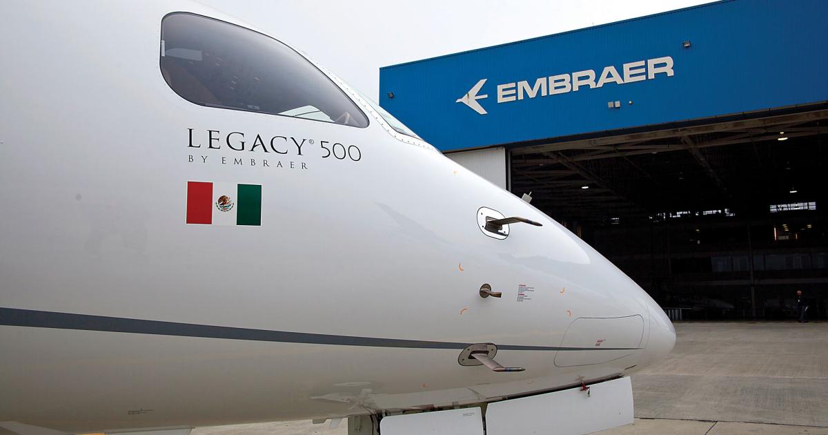 Embraer has delivered the first Legacy 500 destined for service in Mexico. The midsize twinjet is seen as a good match for the Central American market. 