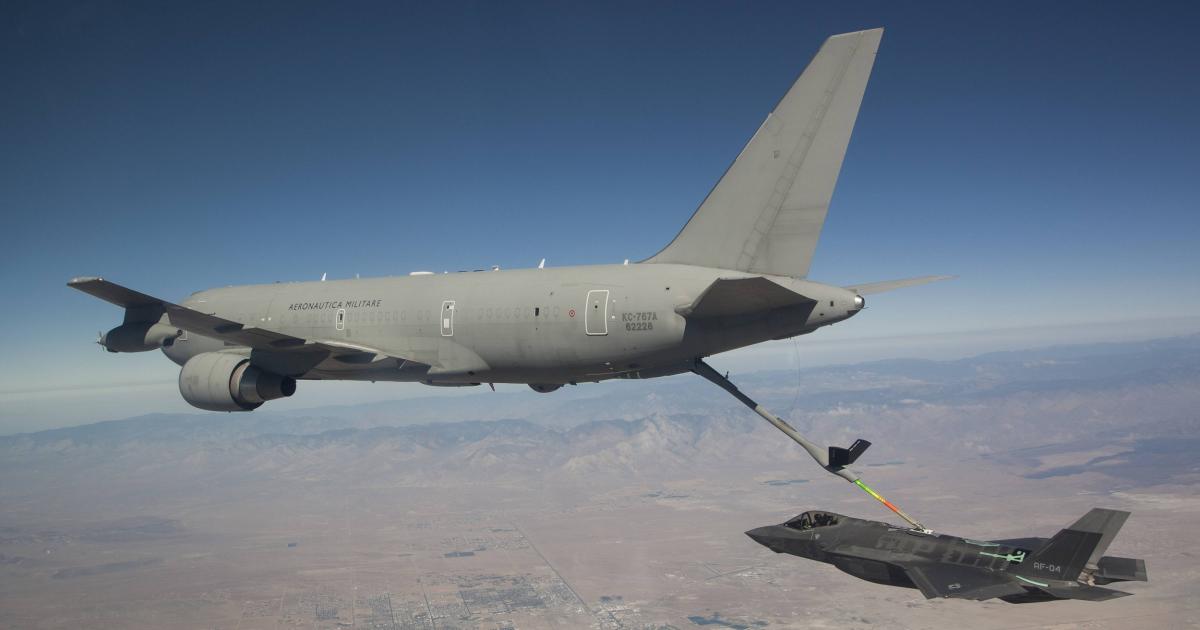 An F-35A from the Integrated Test Force refuels from an Italian air force KC-767 over Edwards AFB. (photo: F-35 Integrated Test Force)
