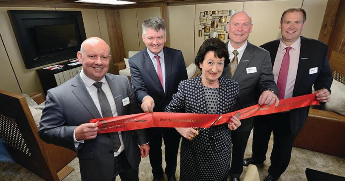 Universal Aviation Ireland Shannon cuts the ribbon on renovated FBO. L-R: Sean Raftery, managing director of Universal Aviation UK and Ireland; Neil Pakey, CEO of Shannon Group; Rose Hynes, chairman of Shannon Group; Derek Collins, general manager of Universal Aviation Ireland Shannon; Craig Middleton, regional director for Europe, Middle East and Africa with Universal Aviation.
