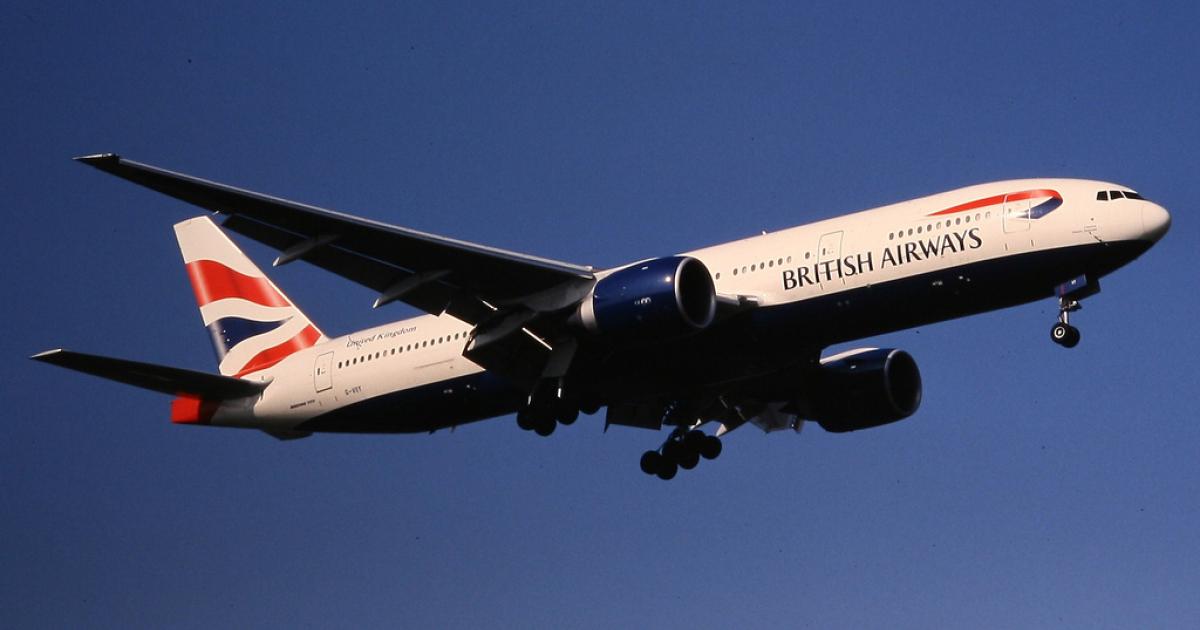 A GE90-powered British Airways 777 prepares for approach to London Heathrow Airport. (Photo: Flickr: <a href="http://creativecommons.org/licenses/by-nd/2.0/" target="_blank">Creative Commons (BY-ND)</a> by <a href="http://flickr.com/people/33465428@N02" target="_blank">Deanster1983)
