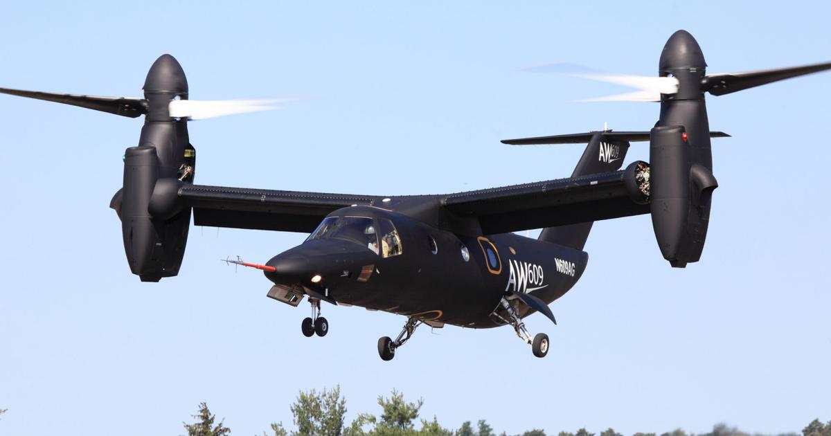 AgustaWestland’s AW609 civil tiltrotor prototype set a speed record on a 1,000-km “point-to-point” journey, covering the 627 nm from its factory in Yeovil, UK, to its Cascina Costa, Italy facility in 2 hours 18 minutes. (Photo: AgustaWestland)