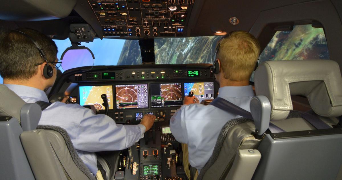 FlightSafety International conducts its upset prevention and recovery training program in a Gulfstream G550 simulator, the first qualified by the FAA with an aerodynamic model that can replicate out-of-the-normal envelope maneuvers. (Photo: FlightSafety International)