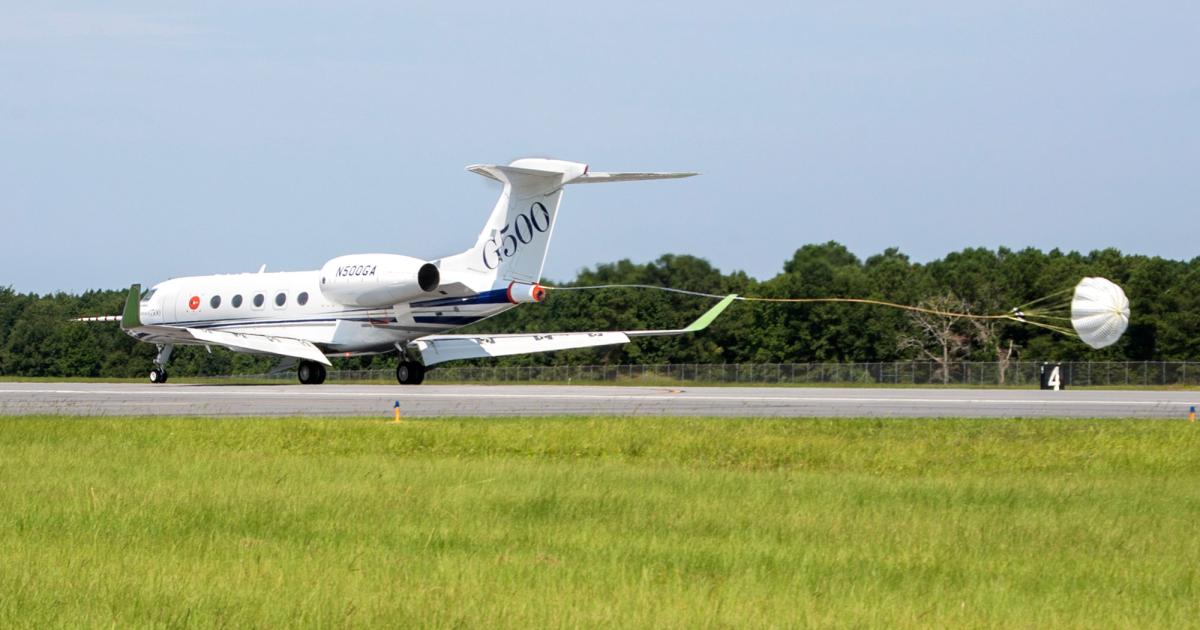 Gulfstream’s G500 prototype resumed flight tests after being modified with a spin recovery parachute and flutter vanes on the winglets and tail to prepare for flutter testing. (Photo: Gulfstream Aerospace)