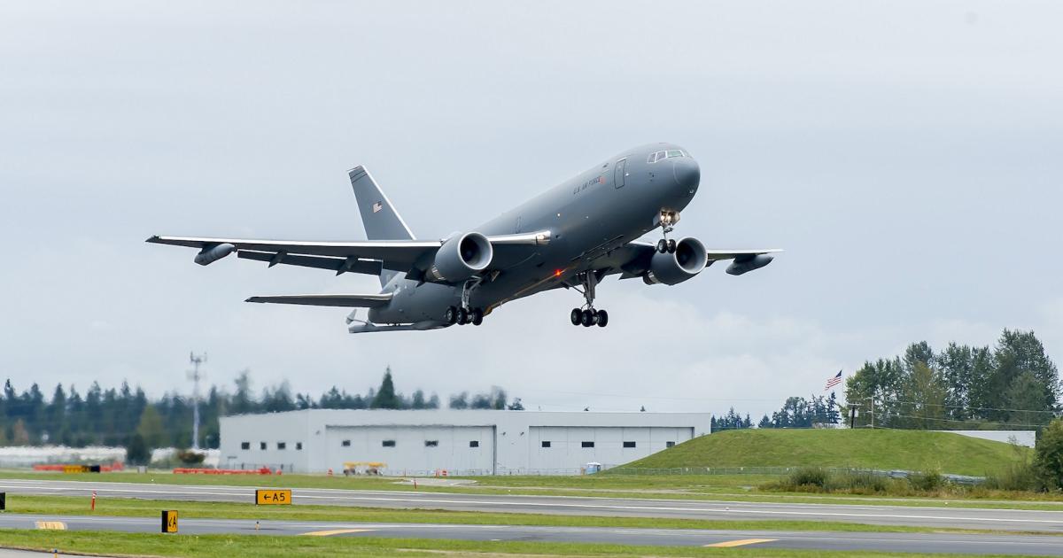 The first full KC-46A tanker based on the 767 freighter takes off for its maiden flight from Paine Field in Everett, Wash. (Photo: Boeing)