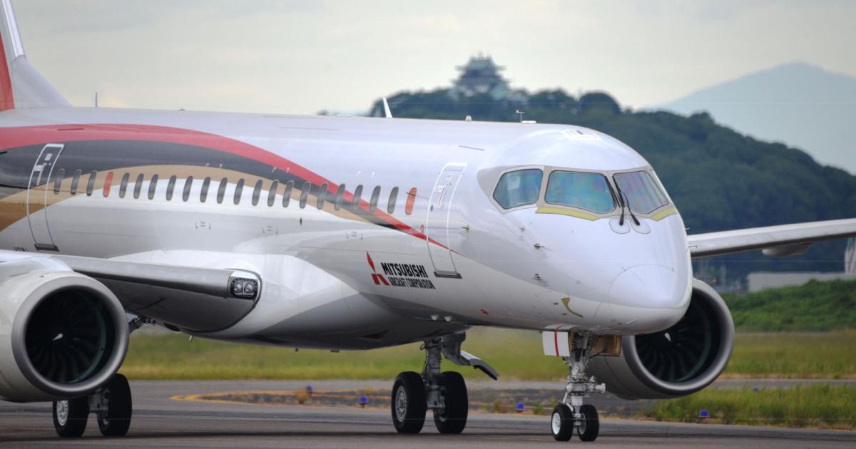 The first MRJ flight test article performs low-speed taxi tests in Nagoya, Japan. (Photo: Mitsubishi Aircraft)