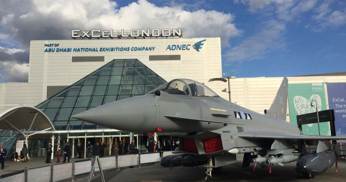 At the entrance to DSEI, Eurofighter displayed its Typhoon full scale replica in “P3E” configuration with Brimstone, Paveway IV, Storm Shadow, ASRAAM and Meteor weapons (Photo: David Donald)