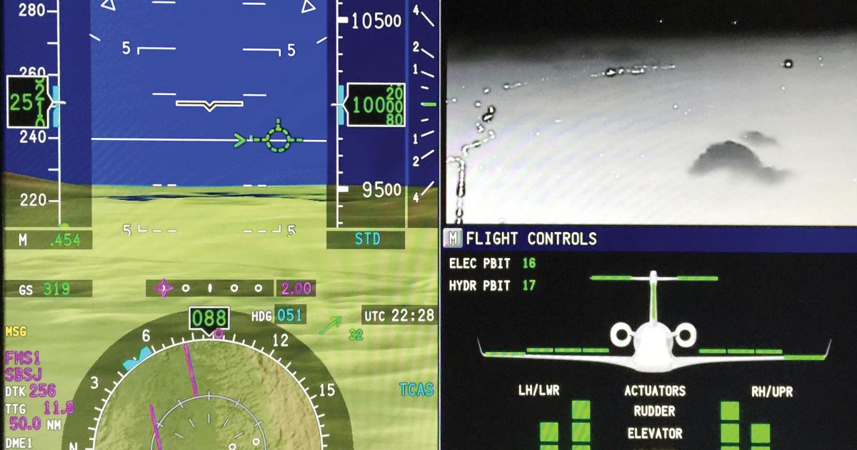 We set the primary flight display on the Rockwell Collins Pro Line Fusion flight deck in the Legacy 500 with synthetic vision (left), enhanced vision (top right) and synoptics (bottom right). From 10,000 feet, the enhanced-vision cameras highlight clouds, roads and lights on the ground as well as stars in the black sky. (Photo: Matt Thurber)