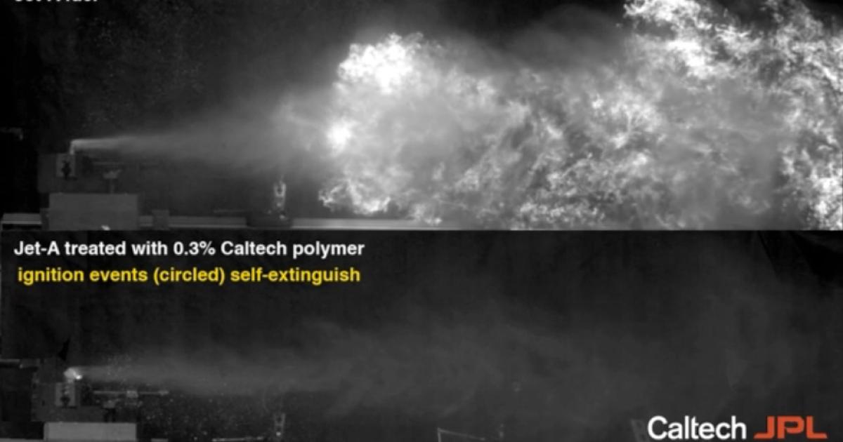  These demonstration photos show the relative levels of jet fuel combustion under crash conditions. Top: without the fuel additive; bottom: with the addition of the polymer additive. (Photo: Caltech/JPL)