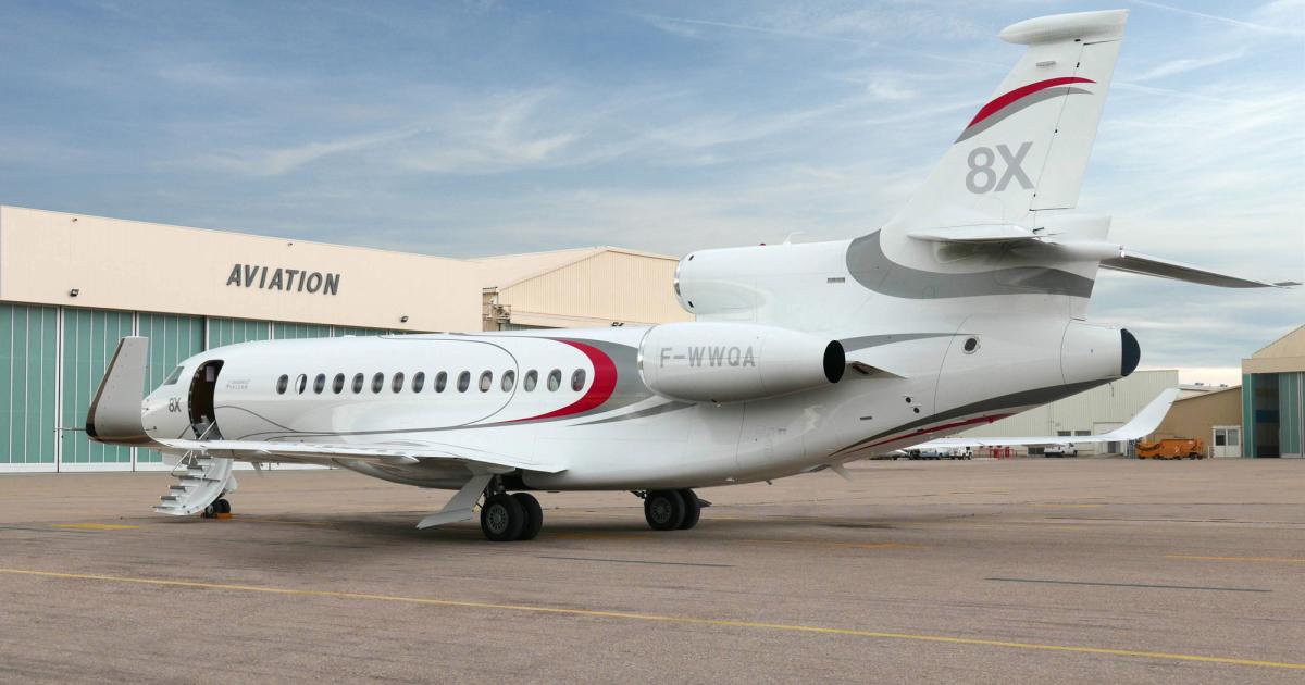 As the first two Falcon 8Xs are now being completed at Dassault Falcon Jet completion facility in Little Rock, Ark., the flight-test fleet continues to check off milestones. As of October 10, the 8X flight-test program had accumulated 315 flight hours and 153 flights from Dassault’s flight test center in Istres, near Marseille, France. (Photo: Dassault Falcon)