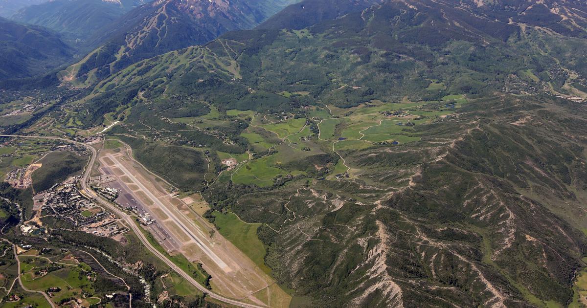 The development plan approved by the Pitkin County Board of Commissioners would have Aspen-Pitkin County Airport move its runway 80 feet to the right in this photo, and widen it from 100 feet to 150 feet in order to achieve full FAA Group III Airport design, and accommodate the next generation of regional commercial aircraft as well as ultra-long range business jets. 
(Photo: Shahn Sederberg/CDOT)