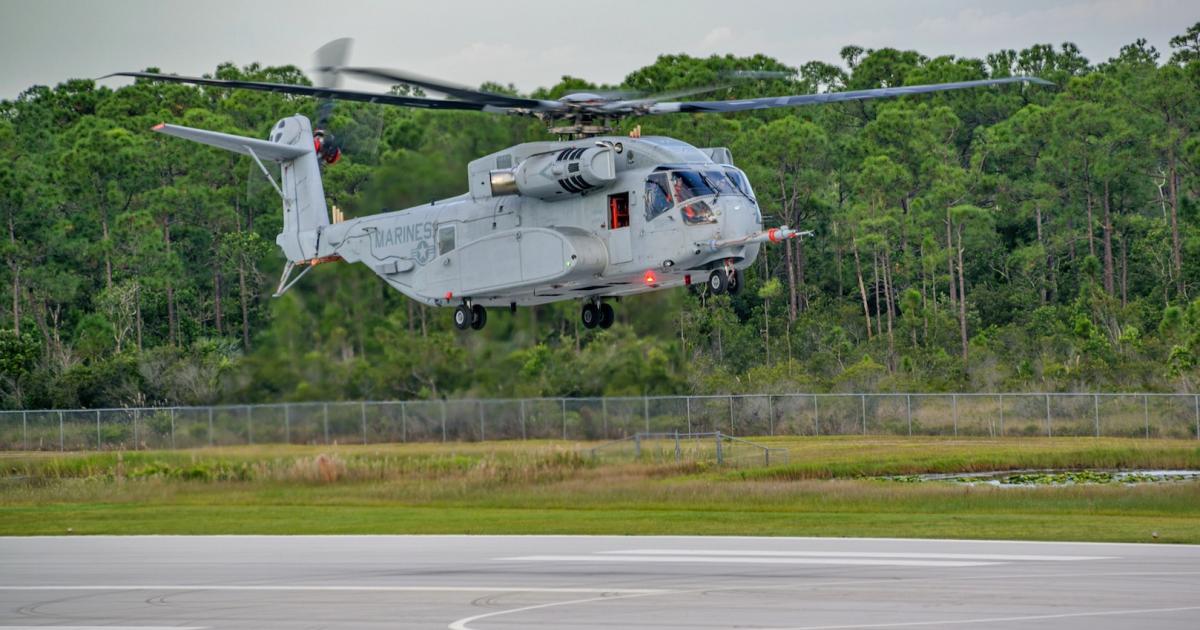 The EDM-1 prototype of the new CH-53K hovers above ground at Sikorsky's flight-test center in Florida. (Photo: Sikorsky Aircraft)