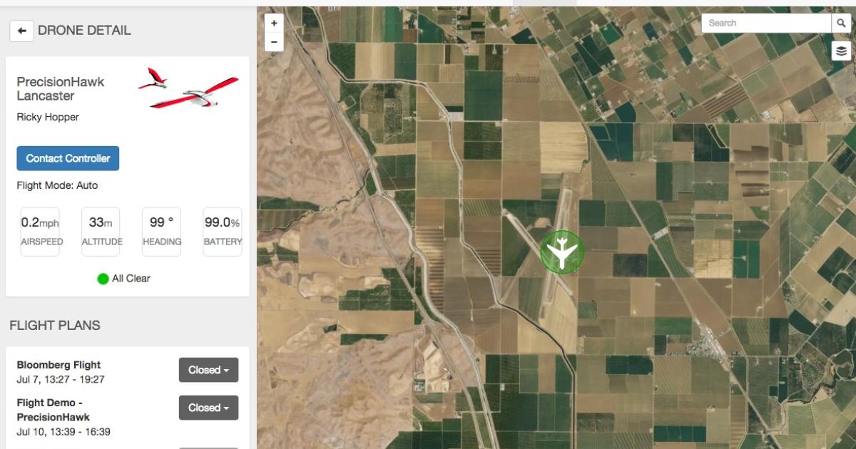 This screenshot depicts the Low Altitude Traffic and Airspace Safety platform for managing small drone flights. (Image: PrecisionHawk)