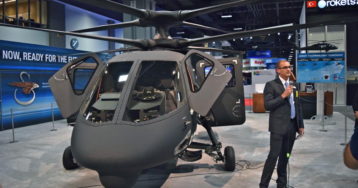Sikorsky experimental test pilot Bill Fell describes the S-97 Raider at AUSA conference in Washington, D.C. (Photo: Bill Carey)