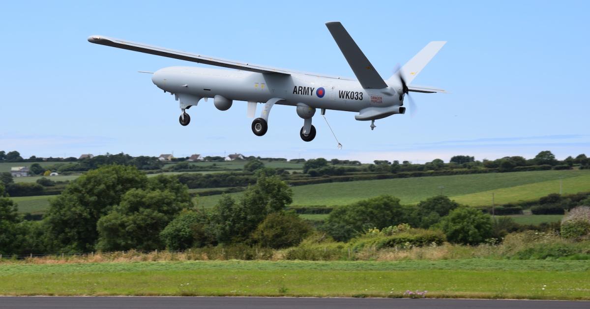 A British Army Watchkeeper unmanned aircraft takes off from West Wales Airport in July 2014. (Photo: Bill Carey)