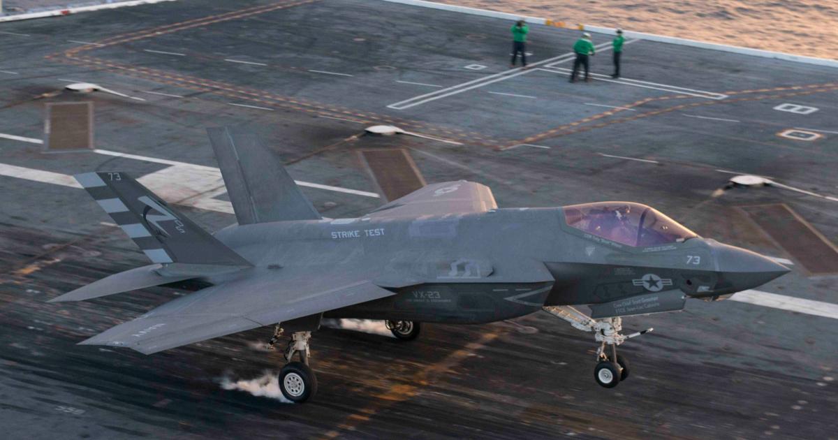 An F-35C in the markings of Air Test and Evaluation Squadron (VX) 23 on the USS Dwight D. Eisenhower during the latest carrier trials of the type. (Photo: Lockheed Martin via U.S. Navy)