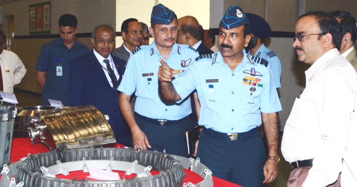 Indian air force chief of air staff AM Arup Raha reviews engine component production at HAL’s Koraput factory. (Photo: Indian MoD)