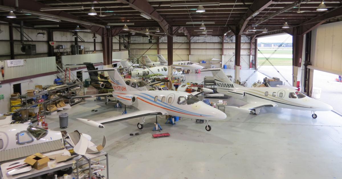 One Aviation’s Eclipse maintenance facility in Chicago is chock-a-block with aircraft in for routine service. Worldwide, Eclipse lays claim to resolving 98 percent of AOG issues within 48 hours.