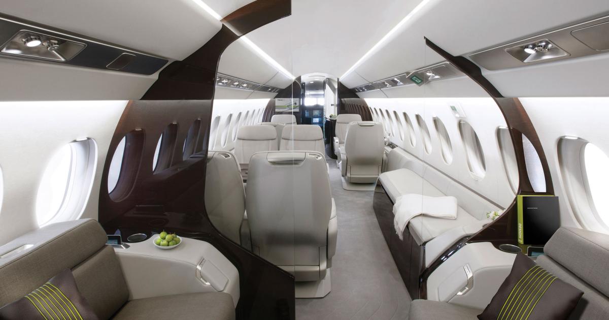 Unlike the artist’s impression (right), the real Falcon 5X has yet to make its first flight, but the new jet builds on Dassault’s rich tradition of innovation and heavy investment in R&D. The twinjet, which the company calls an ‘ultra-widebody,’ features the widest Falcon cabin ever. The cockpit, like that of the 8X, will have the third-generation Primus Epic-based EAsy III avionics suite. 