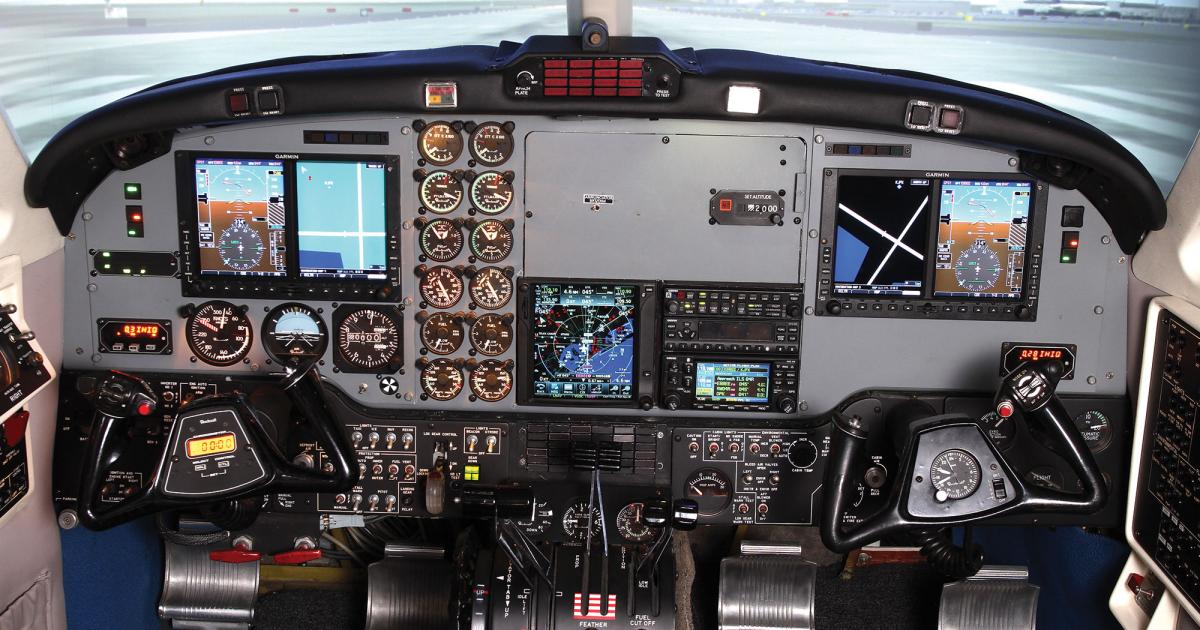 SimCom’s King Air 200 simulator can be configured to represent various glass cockpit avionics upgrades found in its customers’ airplanes.
