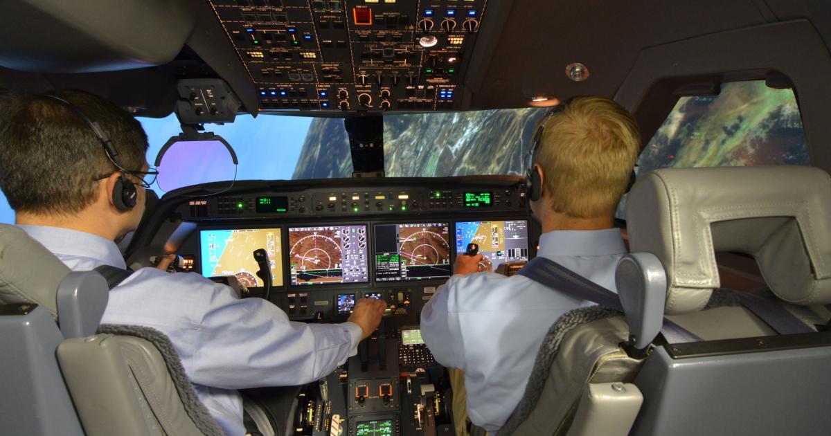 The sim FlightSafety uses for G550 upset prevention and recovery training incorporate actual flight-test data to show users how the airplane will react in flight outside the normal flight envelope, such as deep aerodynamic stalls and extreme high speeds.
