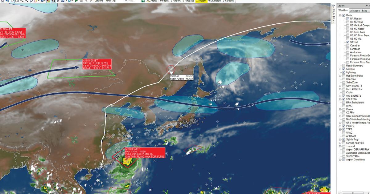 A dispatcher’s view of an aircraft operator flying to Hong Kong from Anchorage. WSI Fusion allows the dispatcher to plan a safe and efficient route while referencing any proprietary WSI Enroute Hazard forecasts, and also alerts the user to any changes to plan while en route.