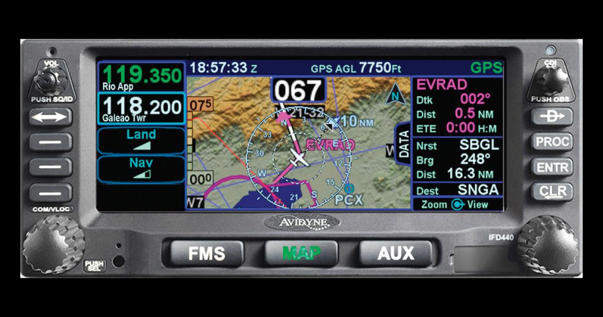 Avidyne’s IFD440 panel-mount GPS navigator is a plug-and-play replacemenf for the Garmin GNS430, and features hybrid touchscreen technology. Pilots can activate features via the touchscreen, but also the old-fashion way, with knobs and buttons.
