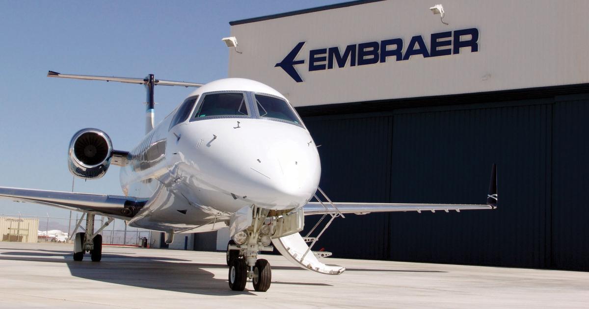 A super-midsize Legacy 650 sits in front of the company’s Mesa, Ariz. service center. Embraer Executive Jets built up a network of 65 authorized service centers–26 of which are in the U.S.–and six company-owned facilities, half of them in the U.S., to keep a fleet that is approaching 1,000 aircraft flying.