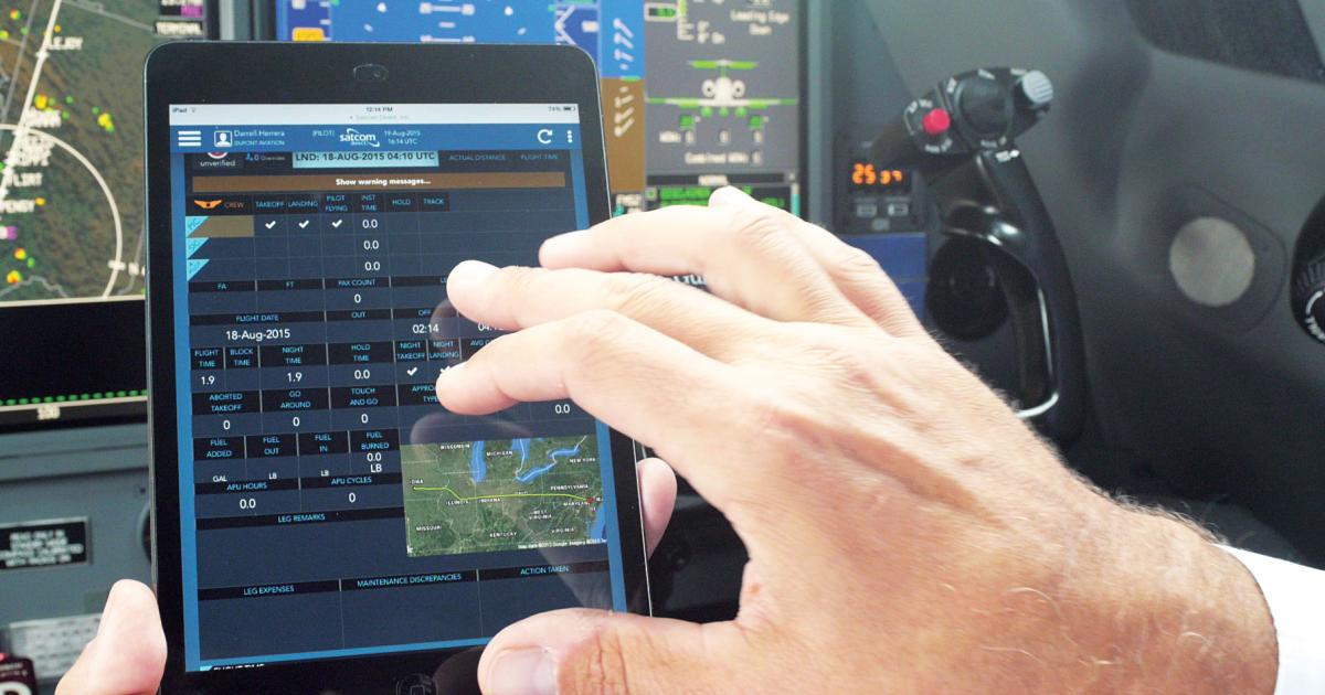 Satcom Direct’s new SD FlightLog electronic flight data log can be run on portable devices.